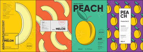 Set of labels, posters, and price tags features line art designs of fruits, specifically melons and peaches, in a vibrant, minimalistic style. © Molibdenis-Studio