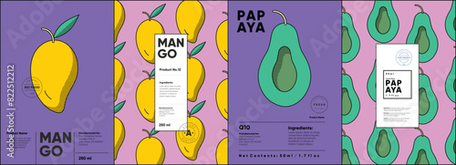 Set of labels, posters, and price tags features line art designs of fruits, specifically mangos and papayas, in a vibrant, minimalistic style. © Molibdenis-Studio