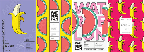 Set of labels, posters, and price tags features line art designs of fruits, specifically bananas and watermelons, in a vibrant, minimalistic style. photo