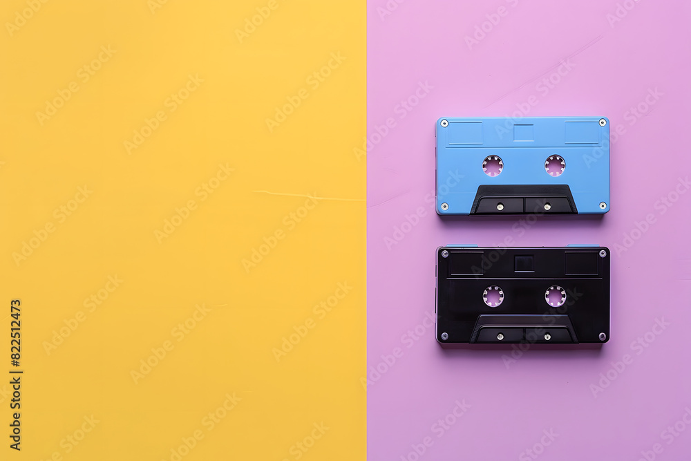 Fototapeta premium Two radio cassettes, blue and black, on a colorful pastel background. Flat lay concept.
