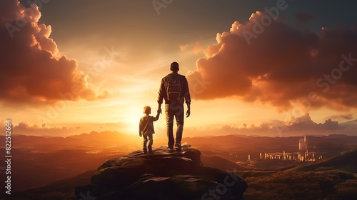 Fathers day. Back view of a little child boy sitting on his fathers shoulders holding hands and looking into the distance enjoying sunset. Father walking with son outdoors. photo