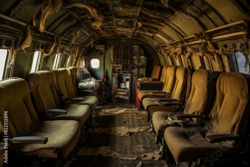 Vintage plane cabin with dilapidated seats and aged control panel, evoking a sense of nostalgia and decay © juliars