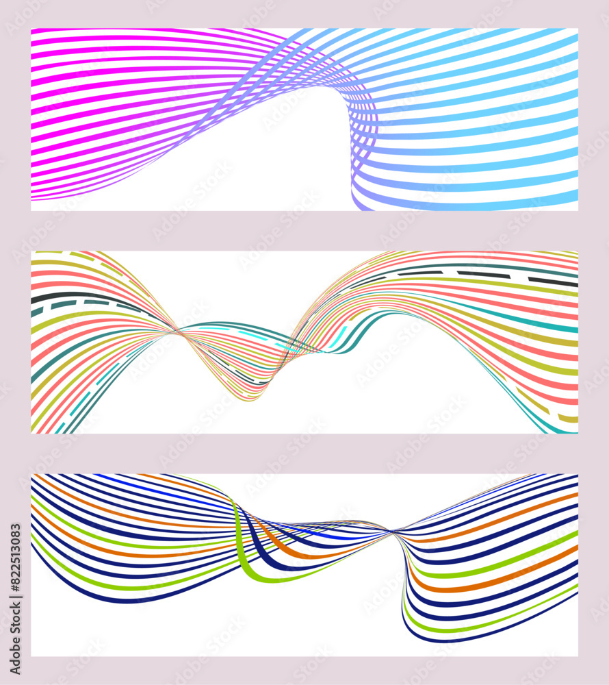 Wavy lines or ribbons. Set of 3 backgrounds. Multicolored striped gradient. Creative unusual background with abstract gradient wave lines to create a trendy banner, poster. vector eps Wavy lines or ribbons. Set of 3 backgrounds. Multicolored striped gradient. Creative unusual background with abstract gradient wave lines to create a trendy banner, poster. vector eps