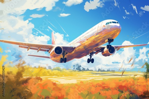 Vivid illustration of an airplane approaching landing above colorful, blossoming fields under a dynamic sky