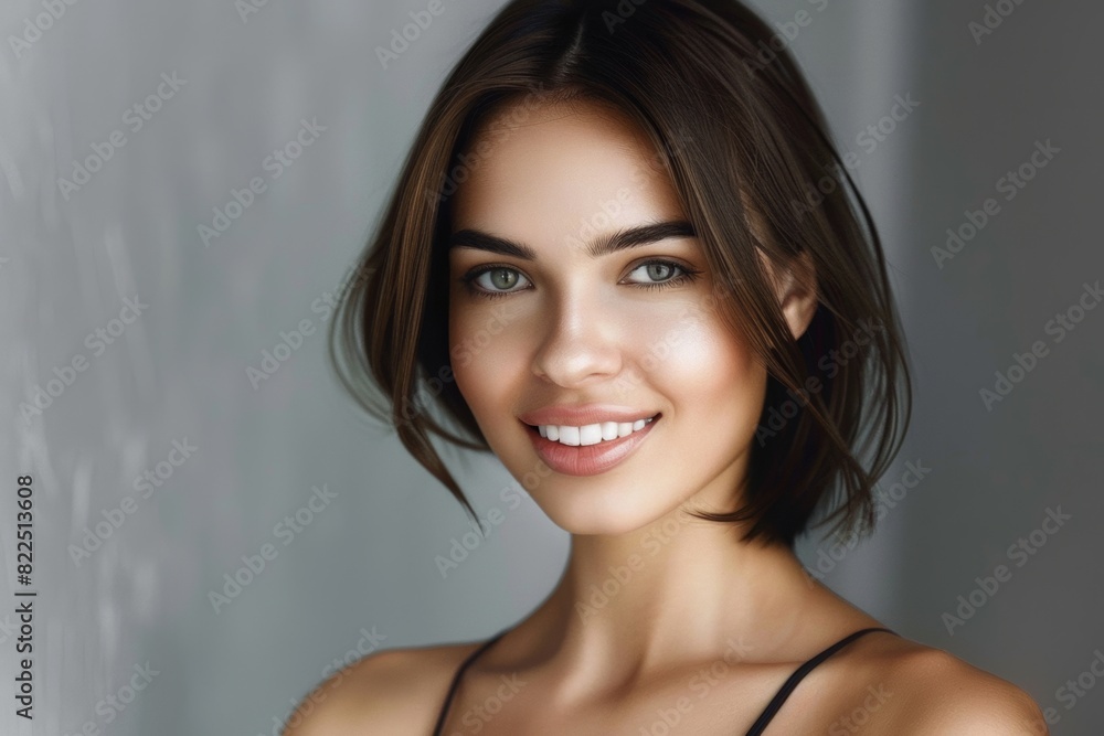 Young brunette on a gray background. Feminine beauty. Young brunette on a gray background. Feminine beauty.