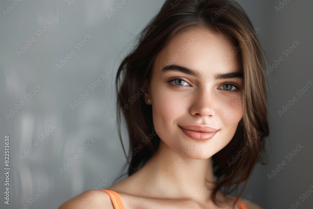 Young brunette on a gray background. Feminine beauty. Young brunette on a gray background. Feminine beauty.