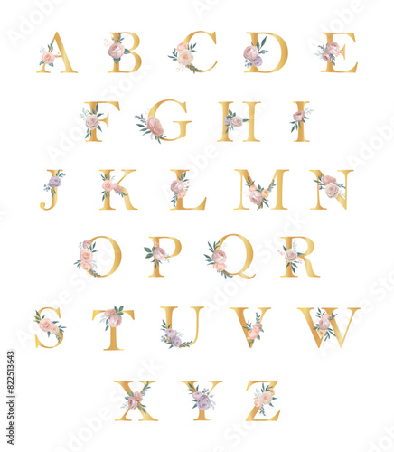 Golden alphabet with elegant flowers