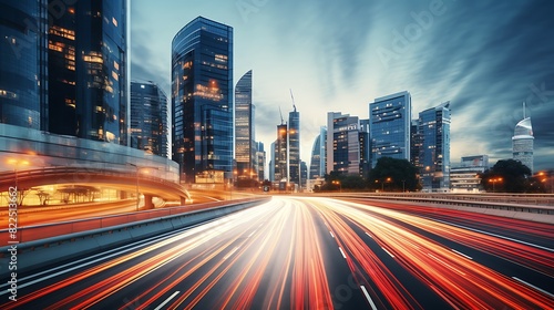 Wallpaper Mural Light flow of traffic on a evening highway in a city with modern high buildings Torontodigital.ca