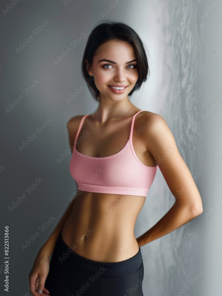 Young slim athletic brunette on a gray background. Active lifestyle, weight loss, motivation. Young slim athletic brunette on a gray background. Active lifestyle, weight loss, motivation.