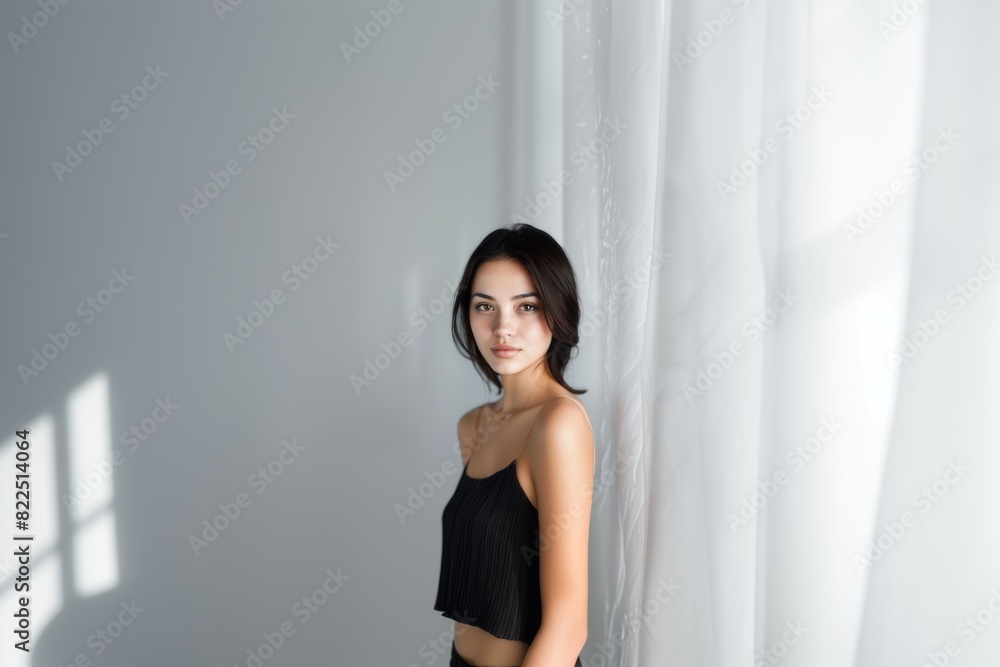 Stylish young brunette woman smiling on a white background. Beauty and fashion. Style. Stylish young brunette woman smiling on a white background. Beauty and fashion. Style.