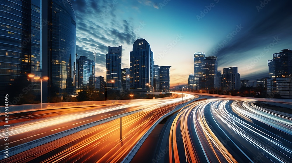 Fototapeta premium Light flow of traffic on a evening highway in a city with modern high buildings
