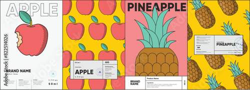 Set of labels, posters, and price tags features line art designs of fruits, specifically apples and pineapples, in a vibrant, minimalistic style. photo