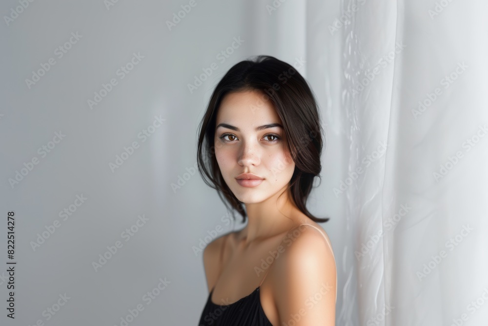 Young brunette on a gray background. Feminine beauty. Young brunette on a gray background. Feminine beauty.