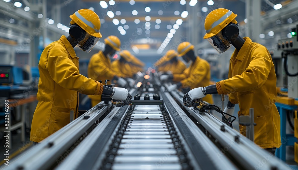 Industrial workers at a conveyor belt Industrial workers at a conveyor belt