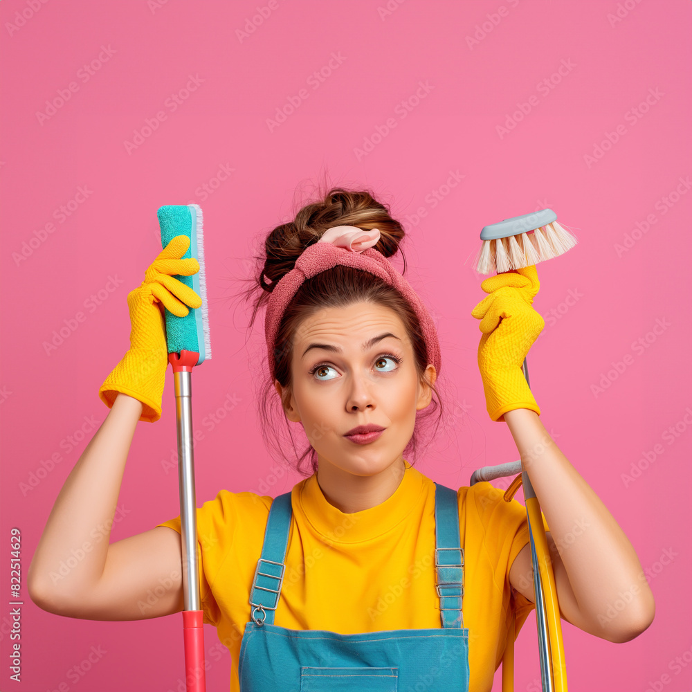 Cheerful housewife with cleaning tools on pink background Cheerful housewife with cleaning tools on pink background
