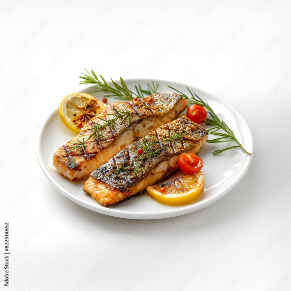 Appetizing grilled fish on a plate on a white background Appetizing grilled fish on a plate on a white background