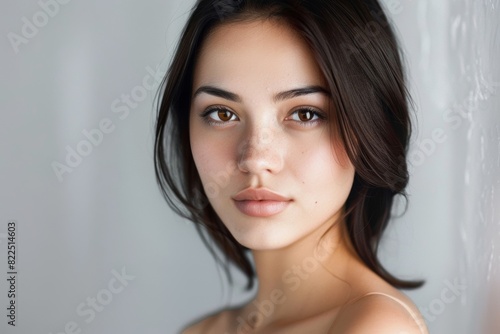 Young brunette on a gray background. Feminine beauty.