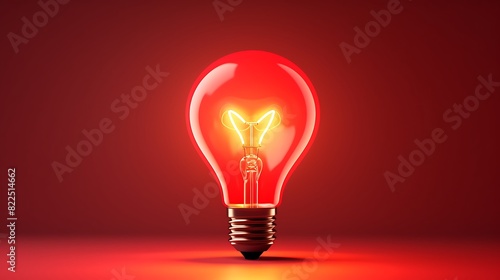 Light bulb with a heart shape glowing filament on a red background, Valentine day concept  photo
