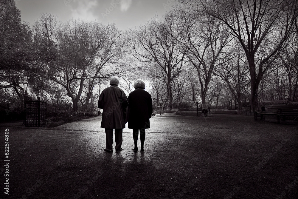Silhouette of couple walking down an ominous road Silhouette of couple walking down an ominous road
