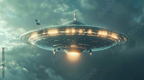 Futuristic spaceship hovering in the sky with glowing lights. Digital artwork of a UFO with two smaller ships in the background.