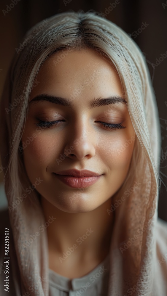 Portrait of beautiful smiling hijab woman with long hair and closed eyes, sunlight ray, beautiful hairstyle, different pose, blurred bedroom background Portrait of beautiful smiling hijab woman with long hair and closed eyes, sunlight ray, beautiful hairstyle, different pose, blurred bedroom background