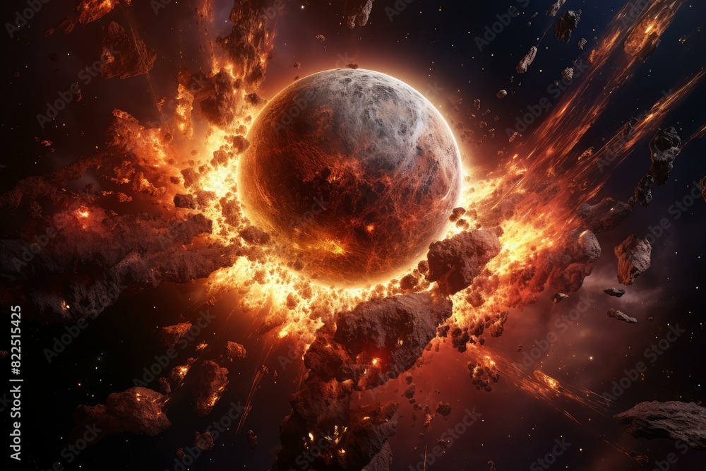 Artistic depiction of a massive asteroid collision with a fiery explosion in space