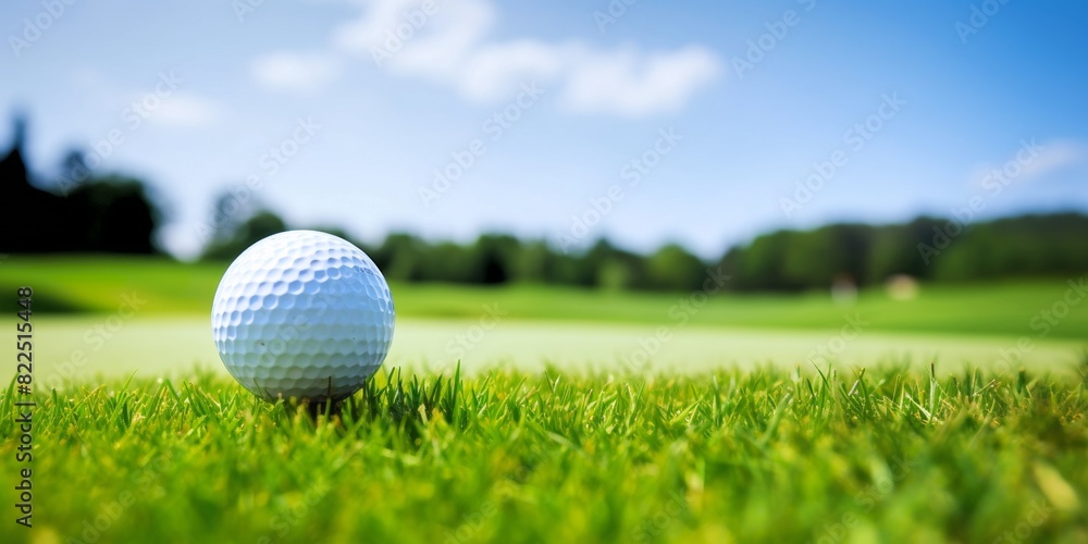 Golf ball perfectly placed on a tee, with a blurred green fairway and blue sky in the background, ready for the first swing of the game. Golf tournament banner. Golf ball perfectly placed on a tee, with a blurred green fairway and blue sky in the background, ready for the first swing of the game. Golf tournament banner.