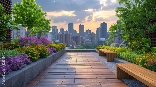 city rooftop oasis with lush plants and benches, offering a serene escape with stunning skyline views in the backdrop photo