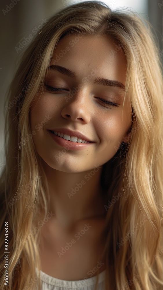 Portrait of beautiful smiling blonde woman with long hair and closed eyes, sunlight ray, beautiful hairstyle, different pose, blurred bedroom background Portrait of beautiful smiling blonde woman with long hair and closed eyes, sunlight ray, beautiful hairstyle, different pose, blurred bedroom background