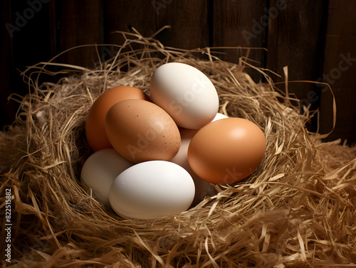 Close up of fresh white and brown chicken eggs in hay nest 
