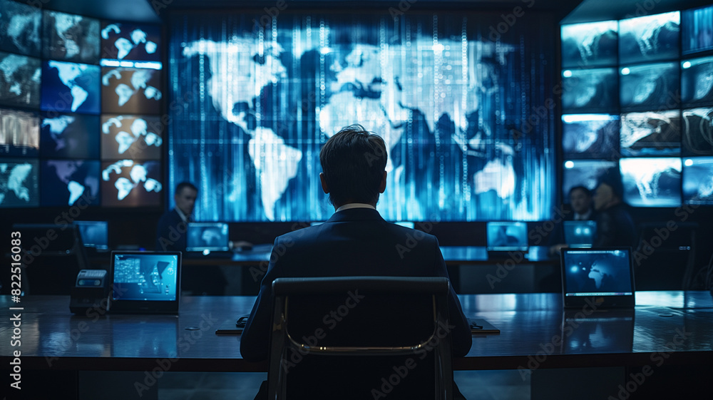 A business analyst is sitting in an office full of computers. A business analyst is sitting in an office full of computers.