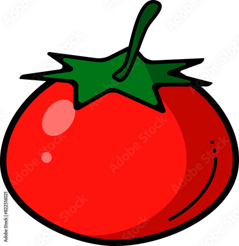 A vector illustration of a red tomato with a green stem.
