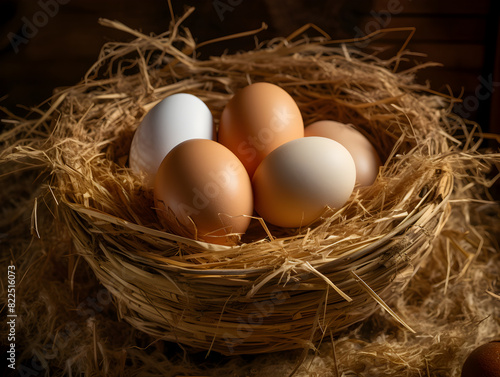 Close up of fresh white and brown chicken eggs in hay nest 