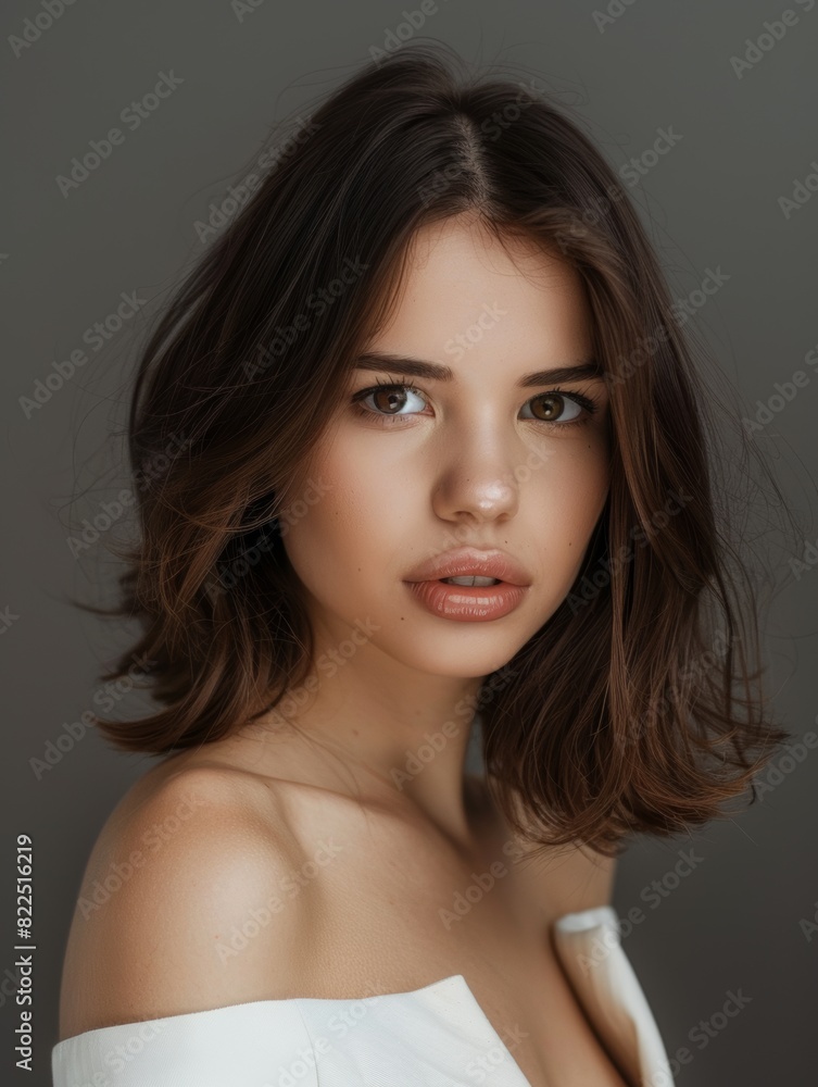 Naklejka premium Young brunette with a bob hairstyle. Feminine beauty.