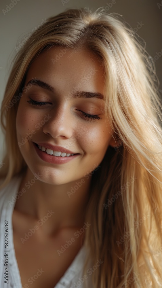 Portrait of beautiful smiling blonde woman with long hair and closed eyes, sunlight ray, beautiful hairstyle, different pose, blurred bedroom background Portrait of beautiful smiling blonde woman with long hair and closed eyes, sunlight ray, beautiful hairstyle, different pose, blurred bedroom background
