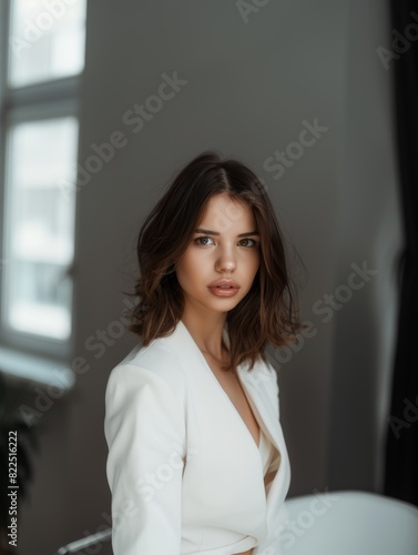 Stylish young brunette woman smiling on a white background. Beauty and fashion. Style.