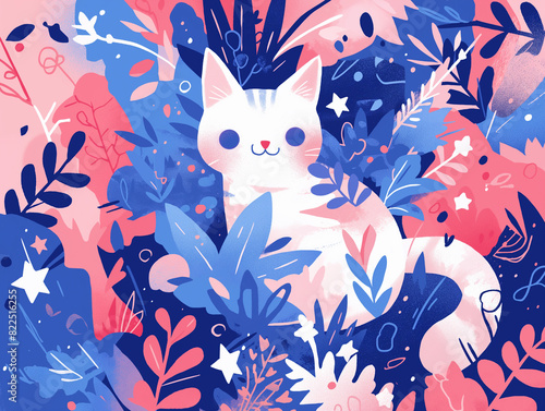 Personagem fofo - gato e plantas azuis e estrelas brancas em fundo rosa pastel em estilo de impressão photo