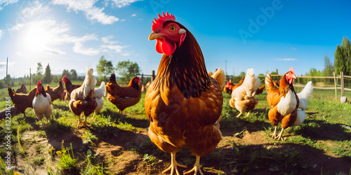 Close up of free cage chicken hens outdoors in the backyard farm photo
