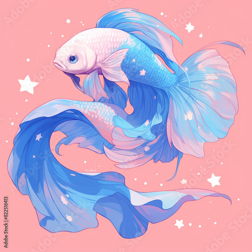 Personagem fofa e delicada - peixe betta azul e estrelas brancas em fundo rosa pastel photo