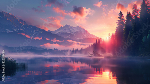 Tranquil Sunrise Over Alpine Lake with Mountain