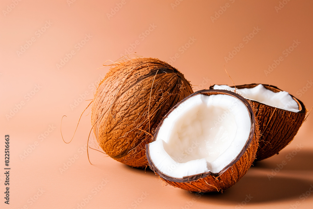 Two ripe coconuts whole and half opened on solid color background Two ripe coconuts whole and half opened on solid color background