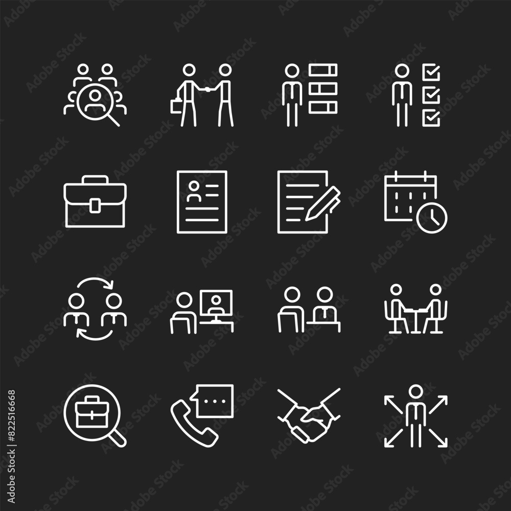 Interview icons, white lines on black background. Getting jobs, interviewing candidates, headhunting. Resumes, assessing professional qualities. Customizable line thickness Interview icons, white lines on black background. Getting jobs, interviewing candidates, headhunting. Resumes, assessing professional qualities. Customizable line thickness