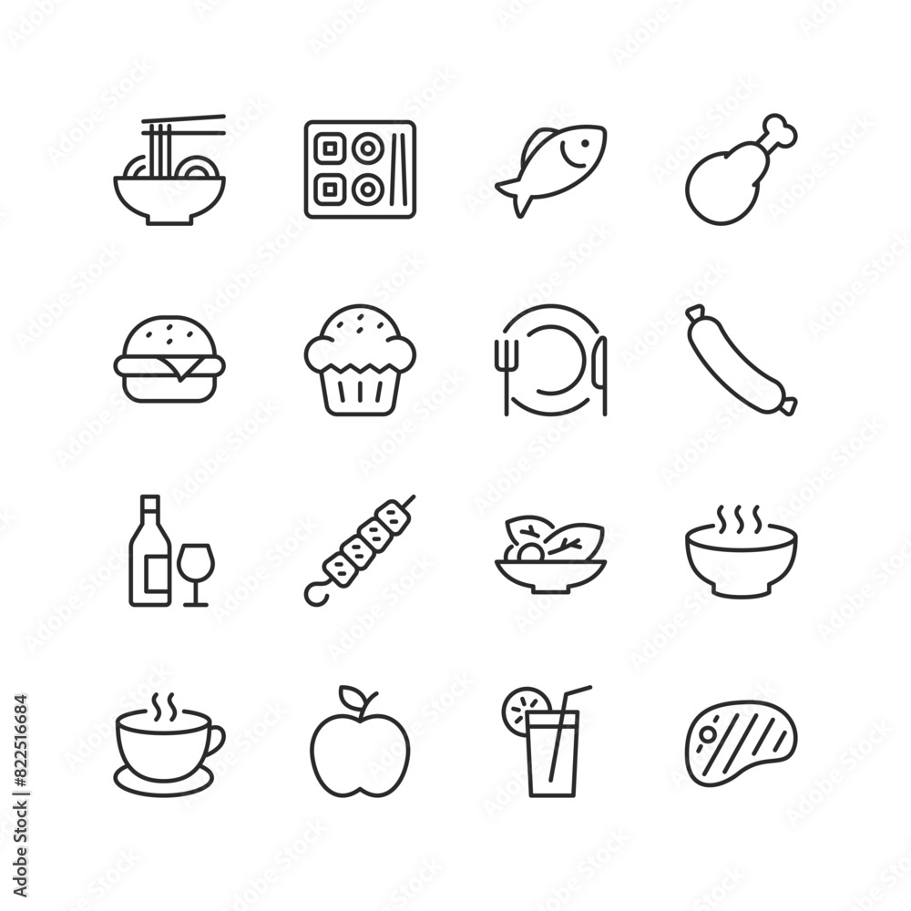 Food and Drink, linear style icon set. Dishes to drinks and snacks. Global cuisine staples and delicacies. Editable stroke width.