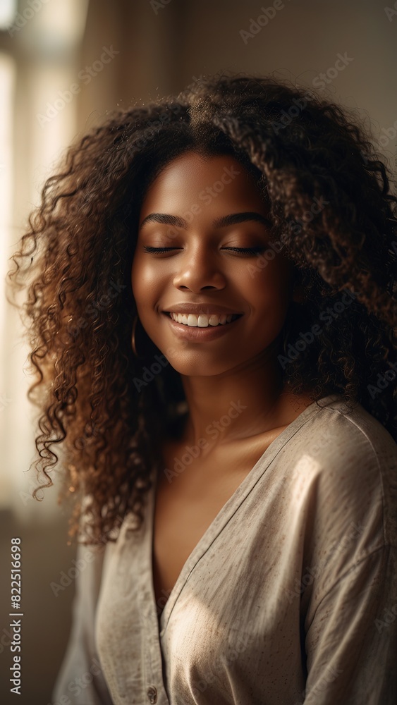 Portrait of beautiful smiling black woman with long hair and closed eyes, sunlight ray, beautiful hairstyle, different pose, blurred bedroom background Portrait of beautiful smiling black woman with long hair and closed eyes, sunlight ray, beautiful hairstyle, different pose, blurred bedroom background