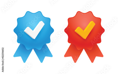 Set of Red and Blue Ribbon Badge With Check Marks Signifying Achievement and Validation. Vector Illustration.