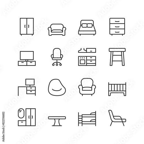 Furniture, linear style icon set. Household pieces for living rooms, bedrooms, kitchens, offices and more. Furnishings, seating, sleepers, storage units and workstations. Editable stroke width.