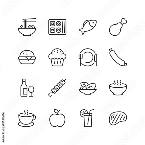 Food and Drink, linear style icon set. Dishes to drinks and snacks. Global cuisine staples and delicacies. Editable stroke width.
