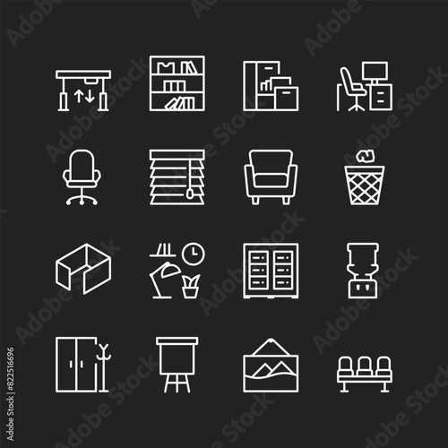 Office furniture icons, white lines on black background. Business interior, workspace - tables, chairs, cabinets, lamps, clocks, etc. Customizable line thickness