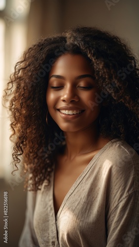 Portrait of beautiful smiling black woman with long hair and closed eyes, sunlight ray, beautiful hairstyle, different pose, blurred bedroom background © Alief Shop