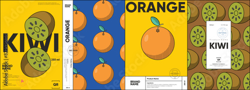Set of labels, posters, and price tags features line art designs of fruits, specifically kiwis and oranges, in a vibrant, minimalistic style. photo
